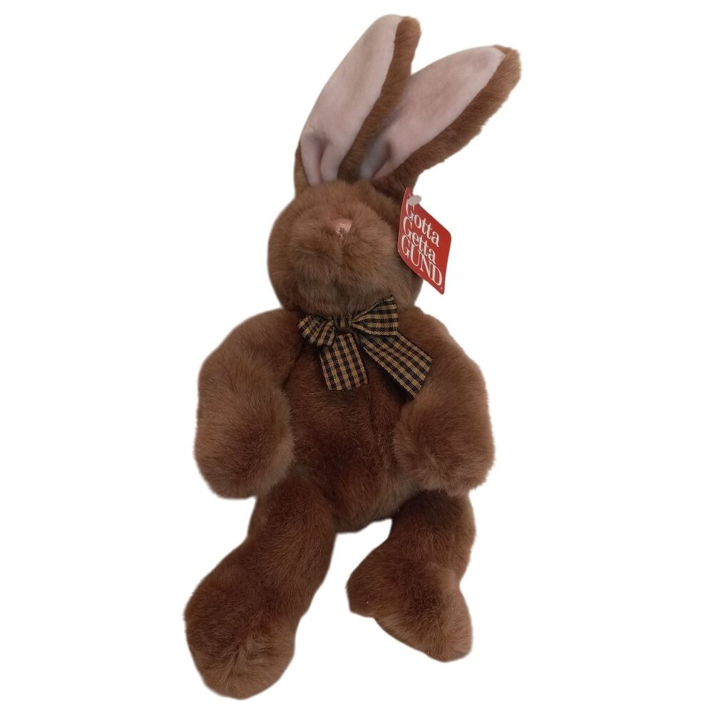 Gund Rudy Bunny Plush Brown Long Ears Checkered Bow Soft Stuffed Animal Toy NEW